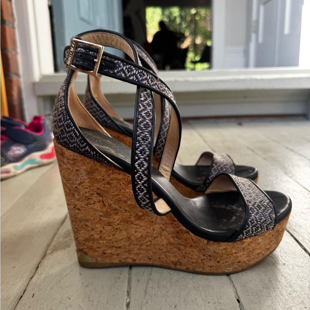 Jimmy Choo Black and Tan Wedge Sandals